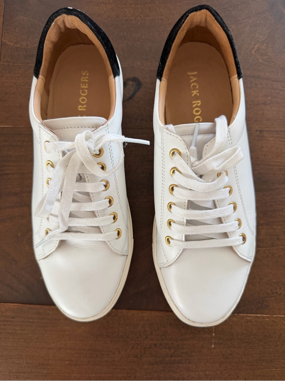 Jack Rogers White Leather Sneakers with Gold Eyelets and Black Heel